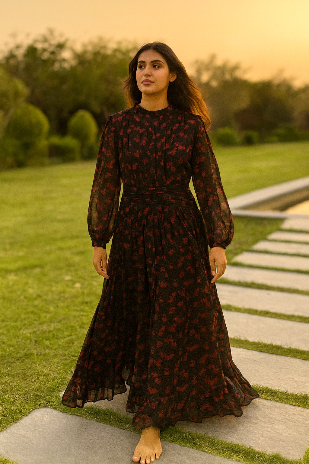 Western Style Black Floral Long Dress | Limited Stock