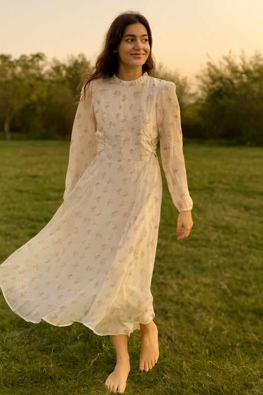 Western Style White Floral long Dress | Limited Stock