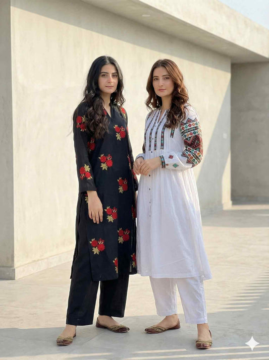 Black & White Embroidered Combo(Free Trending Ear Rings)